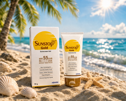 Sunstop Gold Sunscreen Gel SPF 55 PA+++ | Broad Spectrum UV Protection | Non-Comedogenic Matte Finish